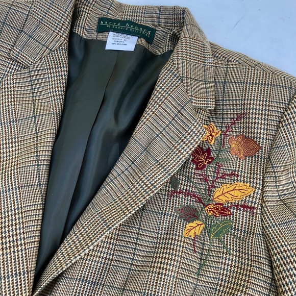 Vintage Harve Bernard Embroidered Fall Leaves Plaid Wool Blazer - Picture 3 of 6